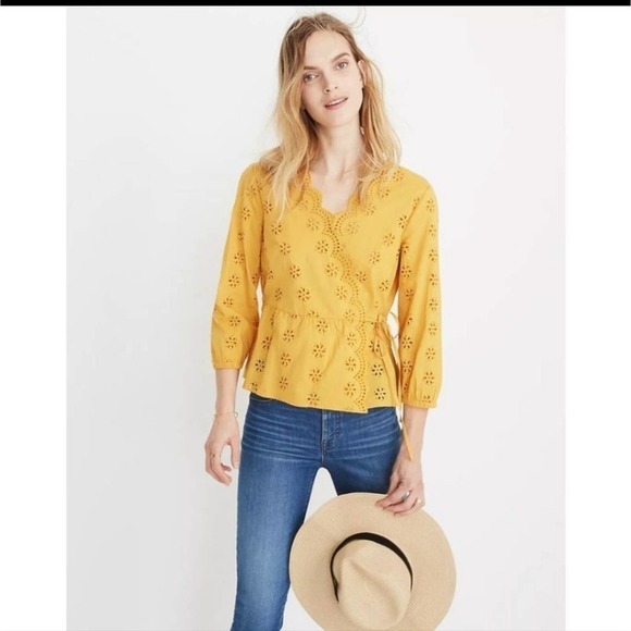 Madewell Tops - Madewell scalloped eyelet wrap yellow blouse xxs